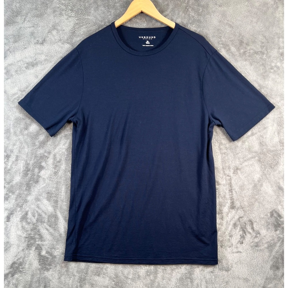 Unbound Merino Wool T Shirt Mens XLT 43x32 Blue Short Sleeve Crewneck Flaws